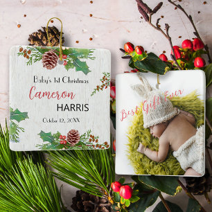 Adorno De Cerámica Primer Navidad bebé rústico foto de hito