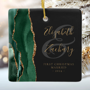 Adorno De Cerámica Primer Navidad Casado Ágata Esmeralda Oro Escritur