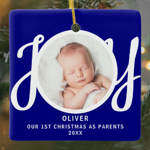 Adorno De Cerámica Primer Navidad como padres Foto Azul Recuerdo