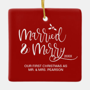 Adorno De Cerámica Primer navidad como señora Newlywed Photo Red de