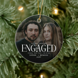 Adorno De Cerámica Primer Navidad comprometida Parejas Chic Foto Cerá