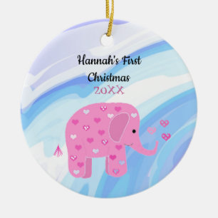Adorno De Cerámica Primer Navidad de Bebé Elefante Rosa