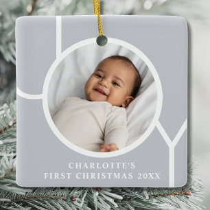 Adorno De Cerámica Primer Navidad de Bebé Niña Foto Gris Elegante