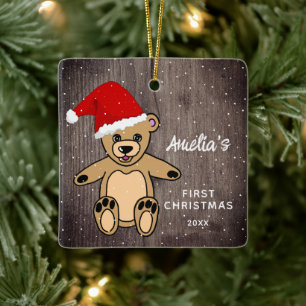 Adorno De Cerámica Primer Navidad de bebé Oso de madera Teddy Sombrer