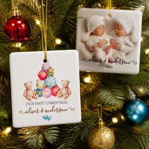 Adorno De Cerámica Primer Navidad de Gemelos Foto Personalizada