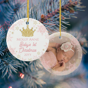 Adorno De Cerámica Primer Navidad de la Princesa Bebé Foto Rosa y Dor