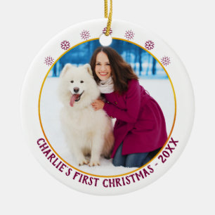 Adorno De Cerámica Primer Navidad de perro - Nombre de la foto y año 