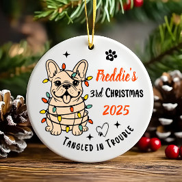 Adorno De Cerámica Primer Navidad de un adorable Bulldog Francés dibu