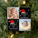 Adorno De Cerámica Primer Navidad del bebé 2 fotos Santa Hat Snowflak<br><div class="desc">Primera Navidad de Baby 2 Fotos Santa Hat Copo de nieve Ornamento Cerámico Negro. El primer diseño navideño del bebé lindo con un sombrero rojo de Papá Noel, copos de nieve, un nombre de bebé en un guión blanco, una foto del bebé - personaliza con el nombre y las fotos...</div>