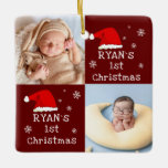 Adorno De Cerámica Primer Navidad del bebé 2 fotos Santa Hat Snowflak<br><div class="desc">Primera Navidad de Baby 2 Fotos Santa Hat Copo de nieve Ornamento de Cerámica Roja. El primer diseño navideño del bebé lindo con un sombrero rojo de Papá Noel, copos de nieve, un nombre de bebé en un guión blanco, una foto del bebé - personaliza con el nombre y las...</div>