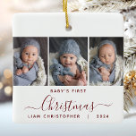 Adorno De Cerámica Primer Navidad del bebé 3 Foto guión rojo de Borgo<br><div class="desc">Ayúdenlos a conmemorar la primera Navidad de sus nietos con este hermoso adorno moderno de keepsake. El texto rojo borgoña dice "Primera Navidad del bebé", con la palabra "Navidades" en un elegante guión de escritura a mano con flores antes y después. Reemplace las tres imágenes de ejemplo con sus fotos...</div>