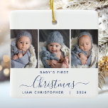 Adorno De Cerámica Primer Navidad del bebé 3 guión azul de la marina<br><div class="desc">Ayúdenlos a conmemorar la primera Navidad de sus nietos con este hermoso adorno moderno de keepsake. El texto azul marino dice "Primera Navidad del bebé", con la palabra "Navidades" en elegante escritura a mano con flores antes y después. Reemplace las tres imágenes de ejemplo con sus fotos verticales favoritas y...</div>