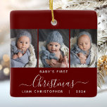 Adorno De Cerámica Primer Navidad del bebé Borgoña Rojo 3 guión de fo<br><div class="desc">Ayúdenlos a conmemorar la primera Navidad de sus nietos con este hermoso adorno moderno de keepsake. El texto en blanco dice "Primera Navidad del bebé", con la palabra "Navidades" en un elegante guión de escritura a mano con flores antes y después sobre un fondo rojo borgoña. Reemplace las tres imágenes...</div>
