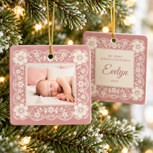Adorno De Cerámica Primer Navidad del Bebé Crema Encaje Rosa Polvo