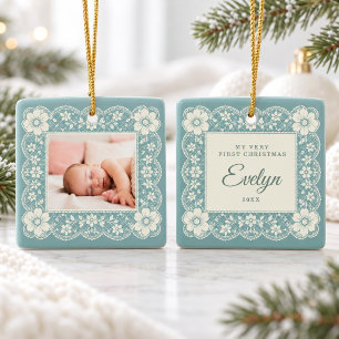 Adorno De Cerámica Primer Navidad del Bebé Crema Encaje Turquesa Verd