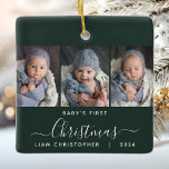 Adorno De Cerámica Primer Navidad del bebé Dark Green 3 Photo Script<br><div class="desc">Ayúdenlos a conmemorar la primera Navidad de sus nietos con este hermoso adorno moderno de keepsake. El texto blanco dice "Primera Navidad del bebé", con la palabra "Navidades" en un elegante guión de escritura a mano con flores antes y después sobre un oscuro fondo verde. Reemplace las tres imágenes de...</div>