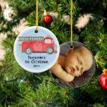 Adorno De Cerámica Primer Navidad del bebé del camión de bomberos<br><div class="desc">El primer Navidad de Fire Truck Baby Photo Keepsake Ornament * Los productos de coordinación estarán disponibles en nuestra tienda. Contáctenos si necesita este diseño aplicado a un producto específico para crear su propio elemento de coincidencia único! ¡Muchas gracias por ver un DoodleLulu para el diseño de los bichos del...</div>