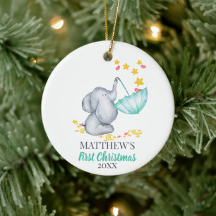 Adorno De Cerámica Primer Navidad del bebé Elefante y Estrellas Lindo