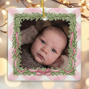 Adorno De Cerámica Primer Navidad del bebé, foto de gingham rosa