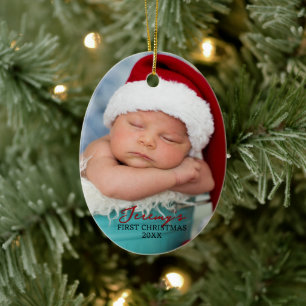 Adorno De Cerámica Primer Navidad del Bebé Óvalo de Foto Doble Cara