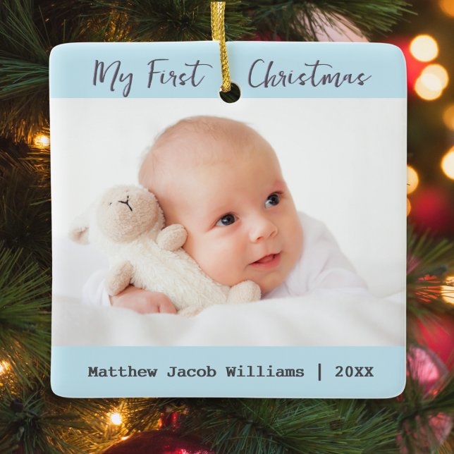 Adorno De Cerámica Primer Navidad del Bebé Recuerdo Personalizado (A personalized Christmas tree ornament for baby's first Christmas, with custom photos and text)