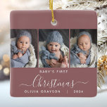 Adorno De Cerámica Primer Navidad del bebé Rosa agitado 3 guión de fo<br><div class="desc">Ayúdenlos a conmemorar la primera Navidad de sus nietos con este hermoso adorno moderno de keepsake. El texto blanco dice "Primera Navidad del bebé", con la palabra "Navidades" en un elegante guión de escritura a mano con flores antes y después sobre un polvoriento fondo de rosa. Reemplace las tres imágenes...</div>