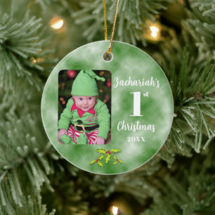 Adorno De Cerámica Primer Navidad del bebé, una ronda fotográfica