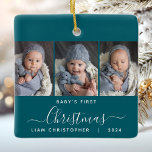 Adorno De Cerámica Primer Navidad del bebé Verde azulado Blue 3 Photo<br><div class="desc">Ayúdenlos a conmemorar la primera Navidad de sus nietos con este hermoso adorno moderno de keepsake. El texto blanco dice "Primera Navidad del bebé", con la palabra "Navidades" en un elegante guión de escritura a mano con flores antes y después sobre un fondo azul verde azulado. Reemplace las tres imágenes...</div>