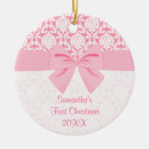 Adorno De Cerámica Primer navidad del damasco del arco rosado
