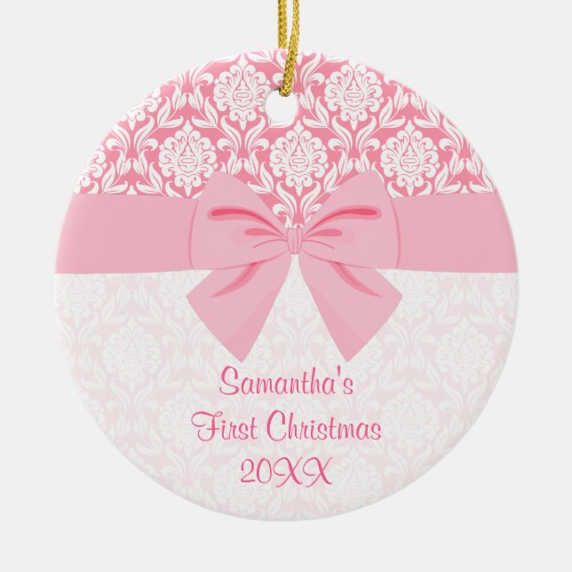 Adorno De Cerámica Primer navidad del damasco del arco rosado (Frente)