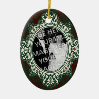 Adorno De Cerámica Primer navidad del marco oval rojo y verde del