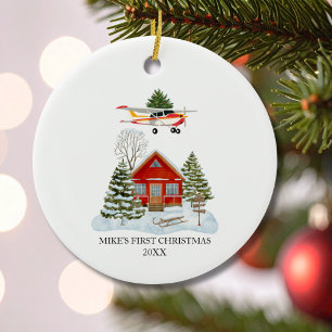 Adorno De Cerámica Primer Navidad en Casa Avión Cessna Árbol Viaje