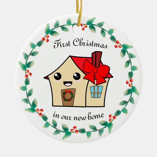 Adorno De Cerámica Primer navidad en el nuevo hogar personalizado (Frente)