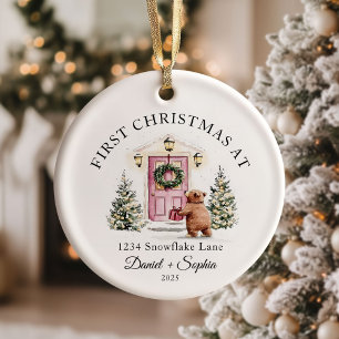 Adorno De Cerámica Primer Navidad En Nuevo Hogar Acuarela Puerta Rosa