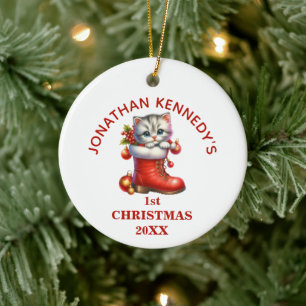 Adorno De Cerámica Primer Navidad Gatito Adorable Personalizado