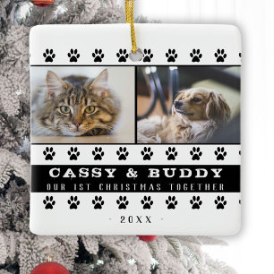 Adorno De Cerámica Primer Navidad juntos Perro Gato Paw 2 Foto