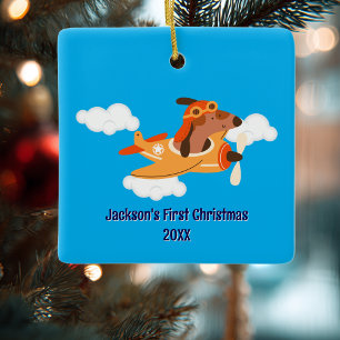 Adorno De Cerámica Primer Navidad Niño Perro Piloto Avión Nube Divert
