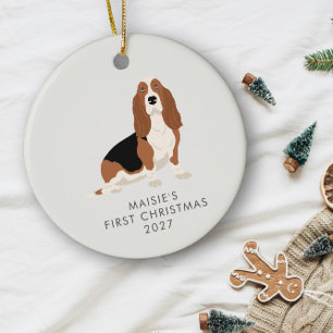 Adorno De Cerámica Primer Navidad Personalizada del Perro Basset Houn