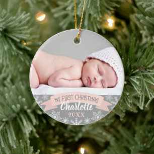 Adorno De Cerámica Primer Navidad Rosa Sonrojado Foto de Bebé Niña