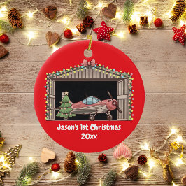 Adorno De Cerámica Primer niño piloto Hangar del árbol del avión rojo