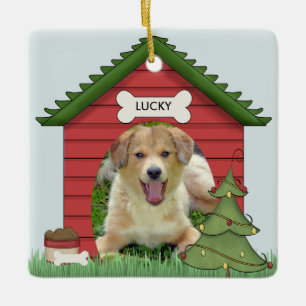 Adorno De Cerámica Primer nombre de foto de casa de perro de Navidad