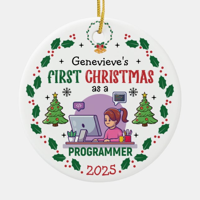 Adorno De Cerámica Primer nombre personalizado de Navidad del program (Frente)