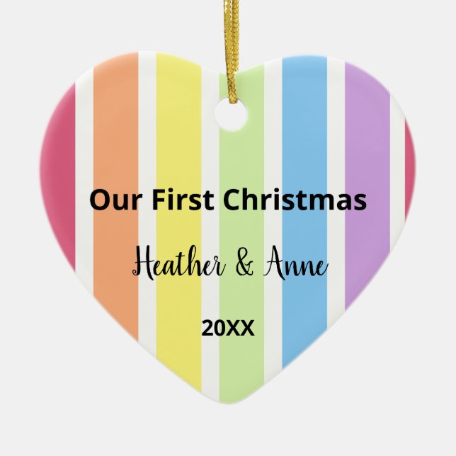 Adorno De Cerámica Primer pastel de rayas blancas arcoiris de Navidad (Frente)