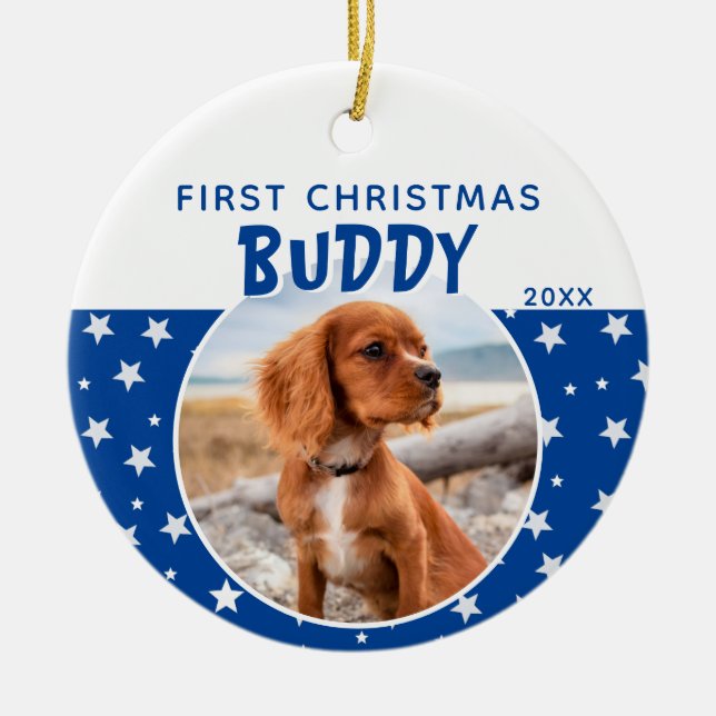 Adorno De Cerámica Primer patrón navideño Estrella azul foto de perro (Frente)