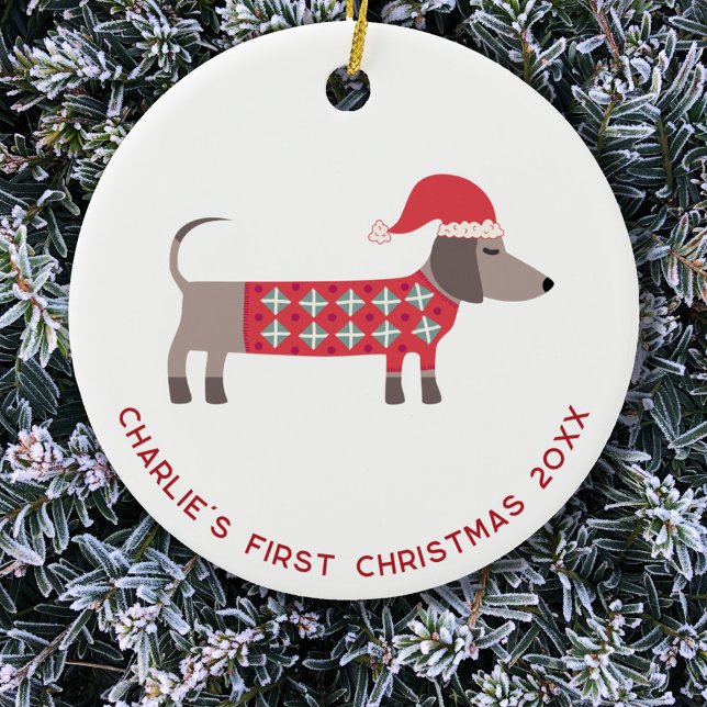 Adorno De Cerámica Primer perro Dachshund de Navidad personalizado (Dachshund dog personalized name first 1st Christmas ceramic ornament)