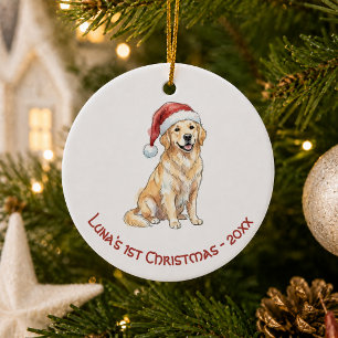Adorno De Cerámica Primer perro de Navidad Golden Retriever acuarela