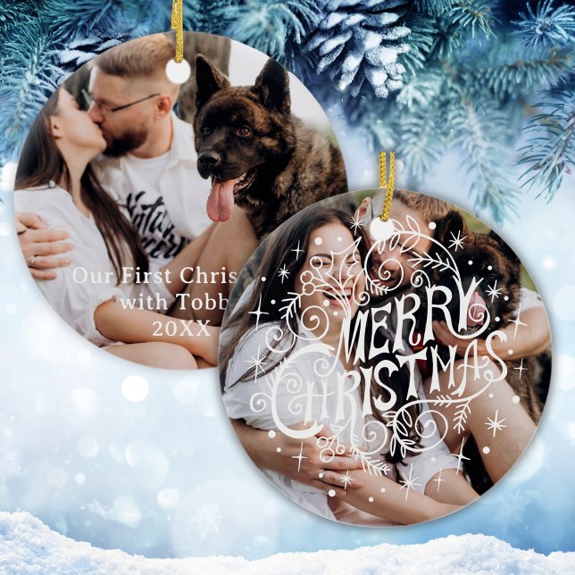 Adorno De Cerámica Primer perro de Navidad Mascota de caligrafía mode (First Christmas Dog Modern Calligraphy Pet Photo Ceramic Ornament
)