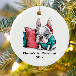 Adorno De Cerámica Primer perro salchicha francés de Navidad sombrero