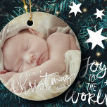 Adorno De Cerámica Primer Personalizado de escritura simple navideño<br><div class="desc">Este diseño sencillo y clásico está compuesto por tipografía de la síspera y añade una foto personalizado y un año.</div>
