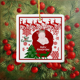 Adorno De Cerámica Primer Personalizado de renos navideños de bebé qu
